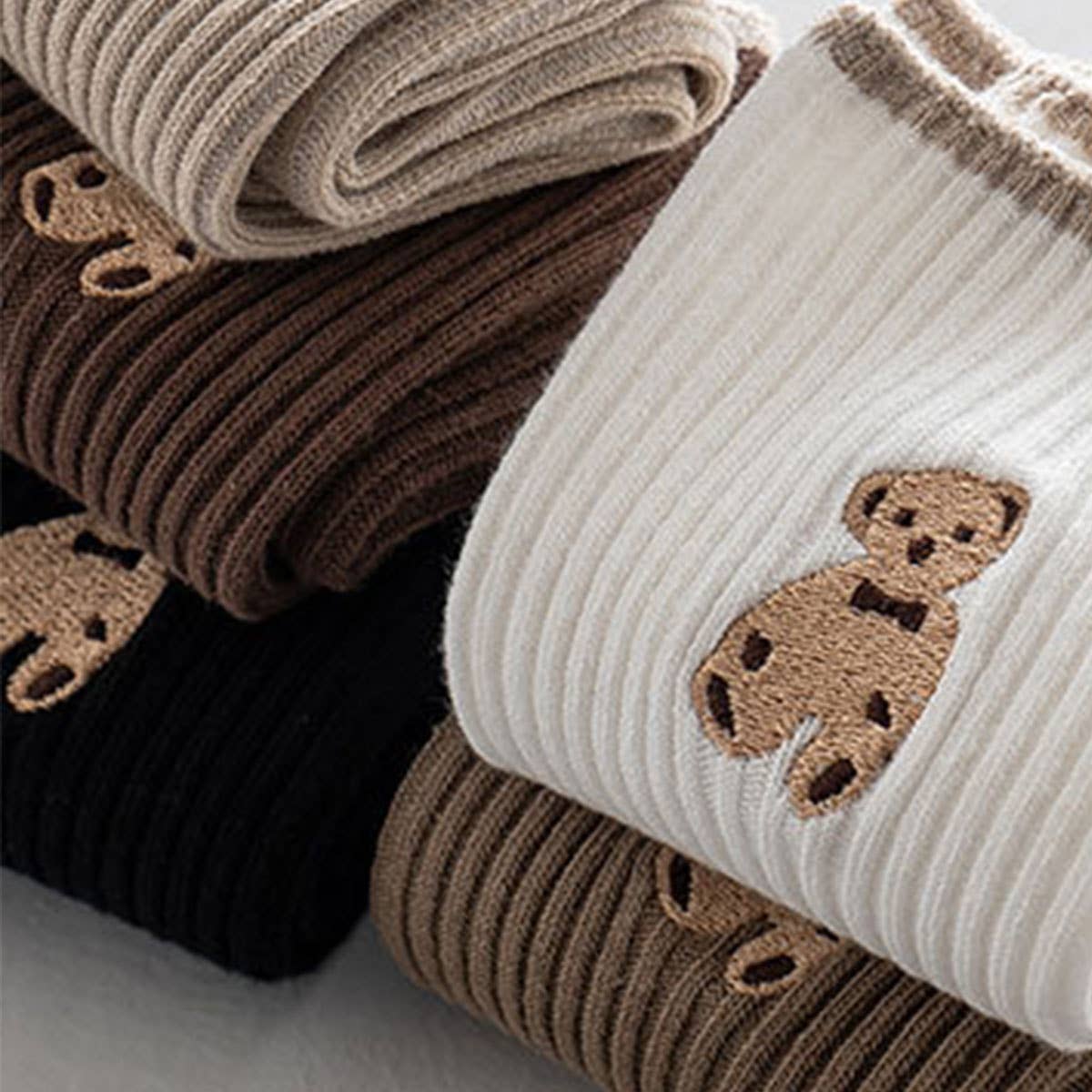 Brown Bear Embroidery Cotton White Crew Sock