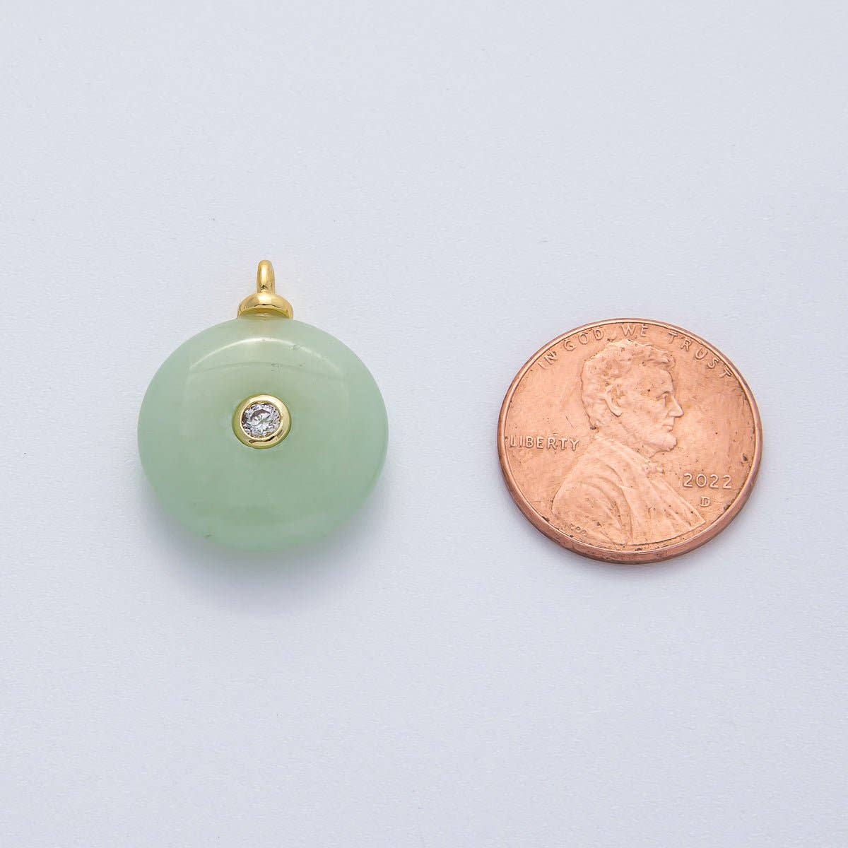 18K Gold Filled 23mm Green Jade with Clear CZ Round Natural Gemstone Pendant