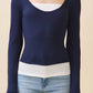 LAYERED SCOOP NECK LONG SLEEVE TOP NAVY/ WHITE