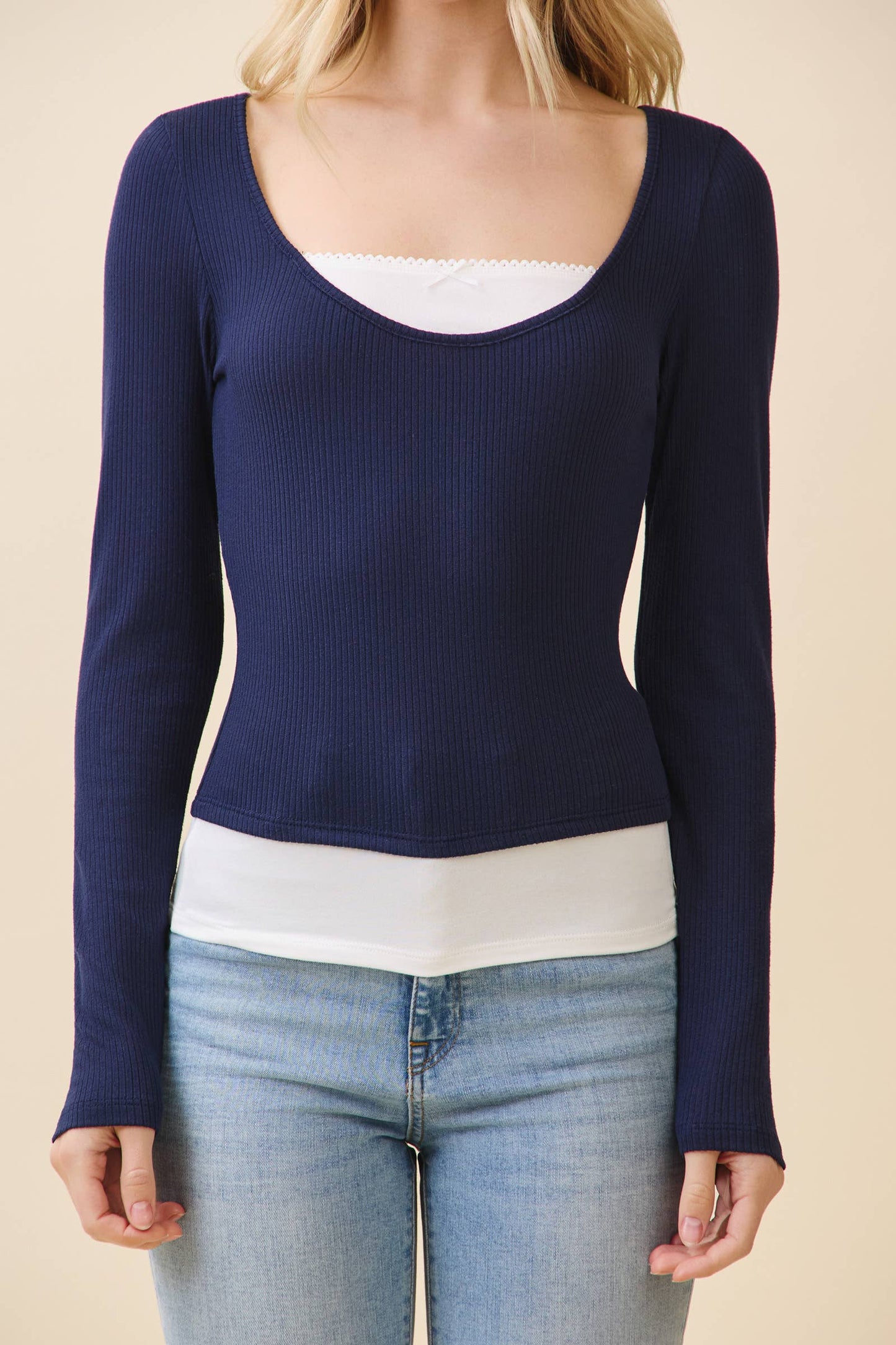 LAYERED SCOOP NECK LONG SLEEVE TOP NAVY/ WHITE
