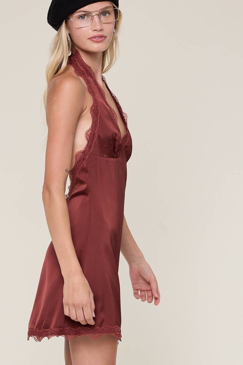 Wine Halter Tie Mini Dress