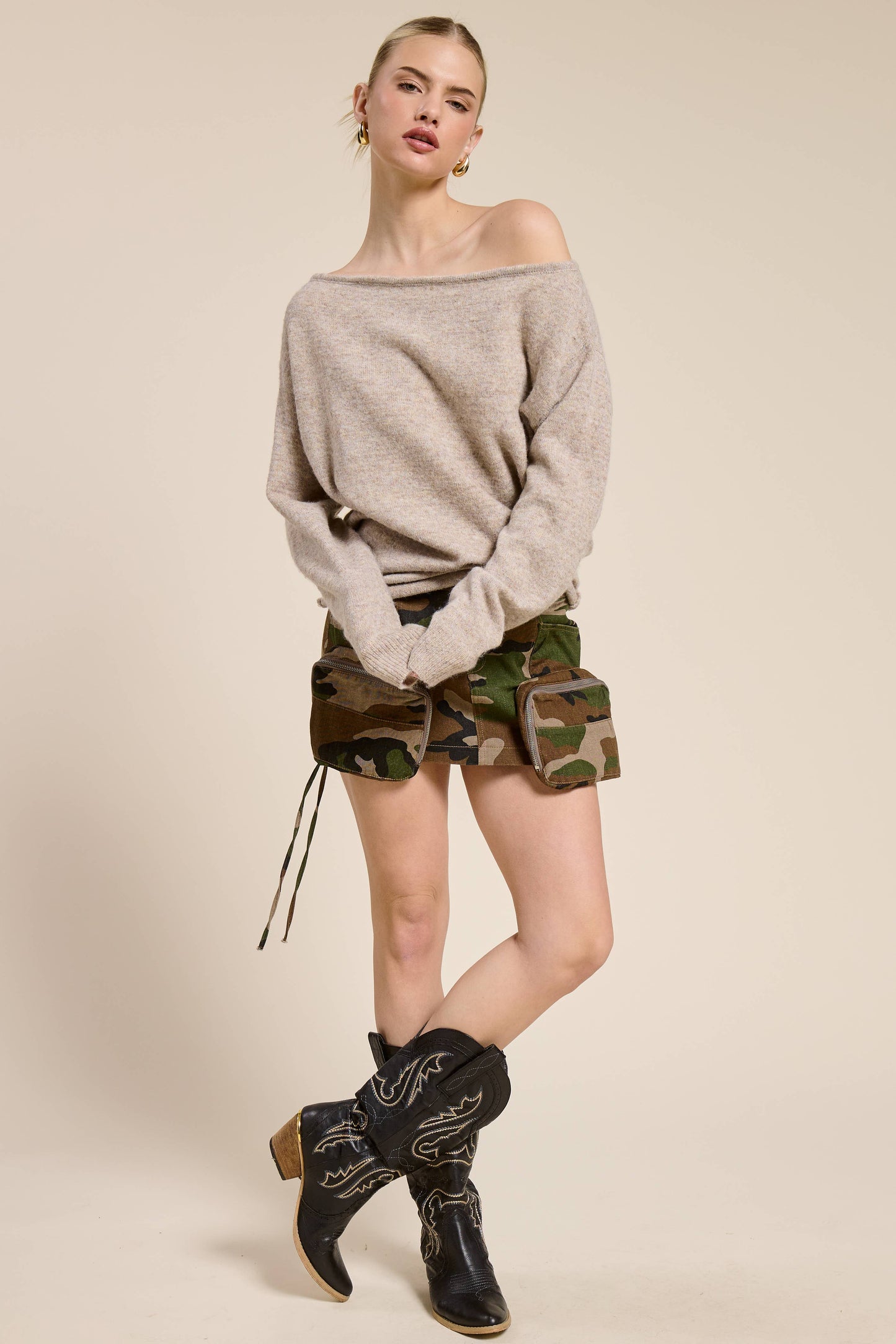 Latte Off Shoulder Cozy Knit Sweater