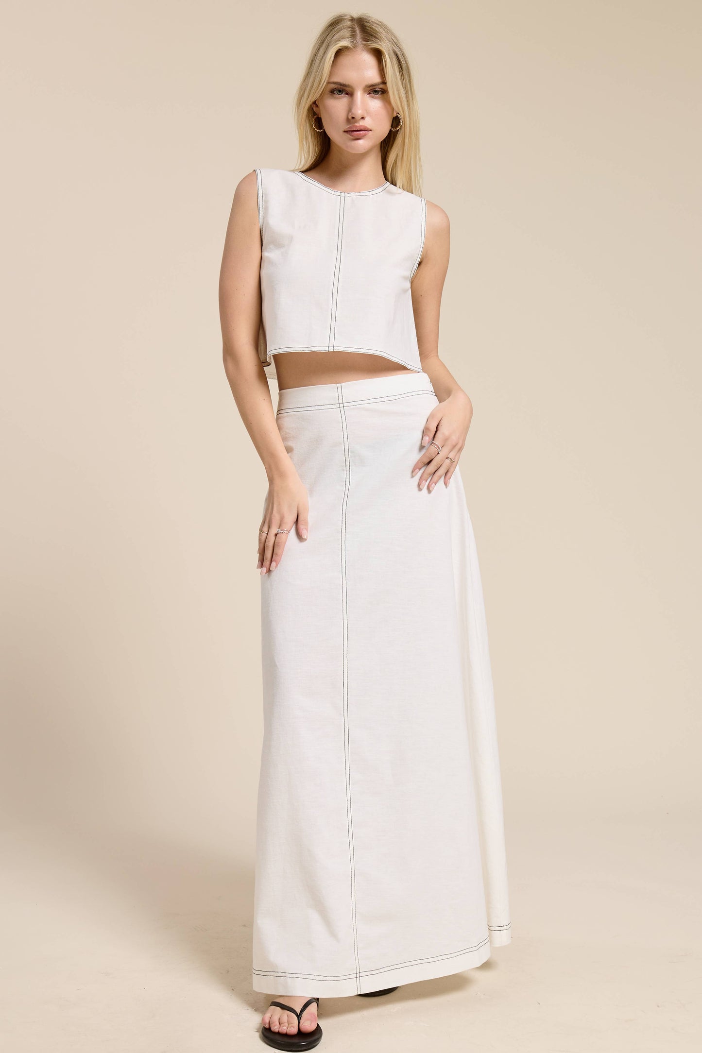 Contrast Stitch Linen Top