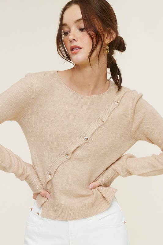 Long Sleeve Knit Top with Asymmetrical Top Beige