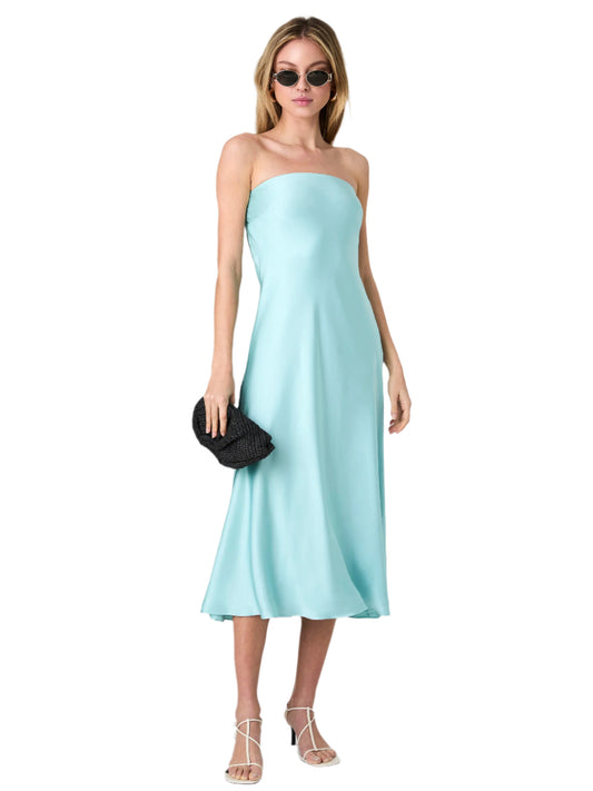 Strapless Turquoise Satin Midi Dress