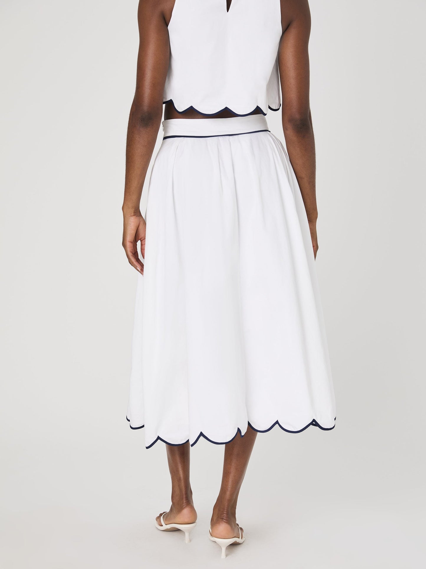 White Cotton Scallop Midi Skirt