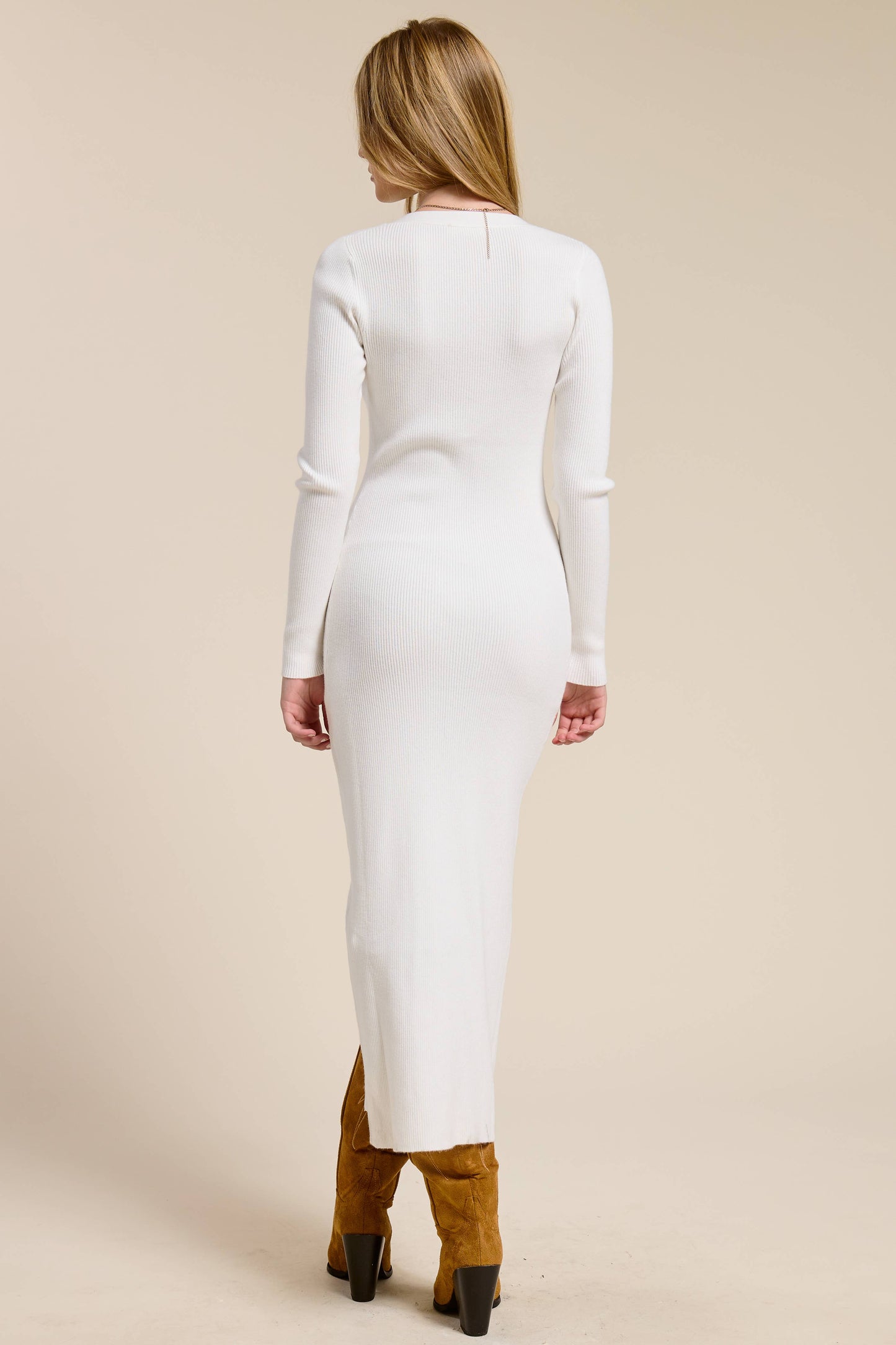 White Ribbed Knit Button Down Cardigan Midi Dress