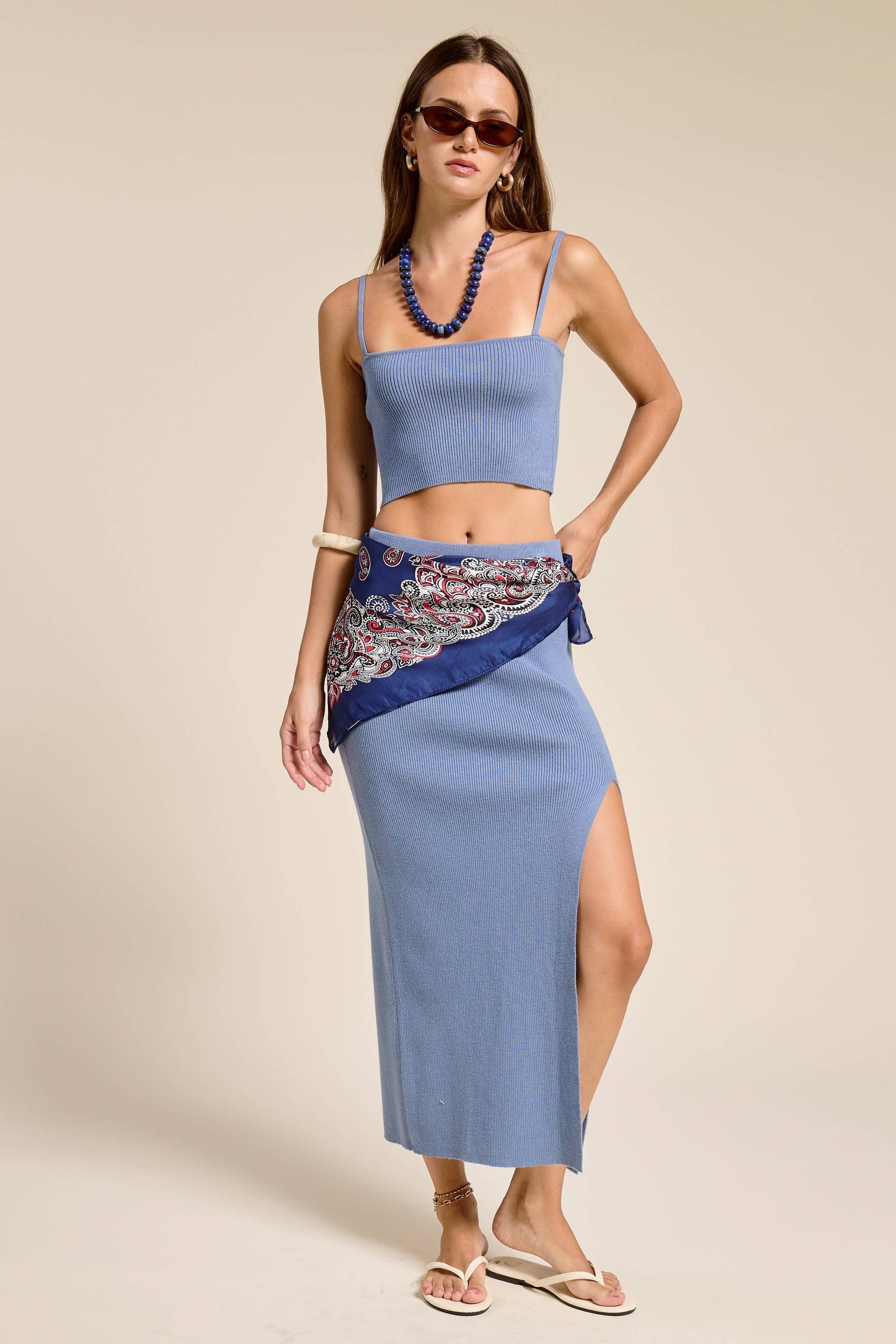 Steel BlueRibbed Knit Crop Tank