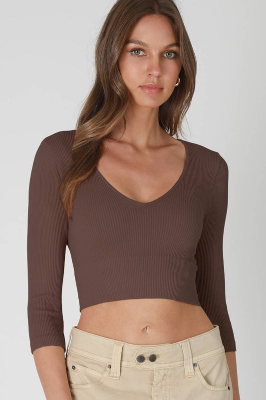Ribbed 3/4 Sleeve V Neck Crop Top Coffee Bean