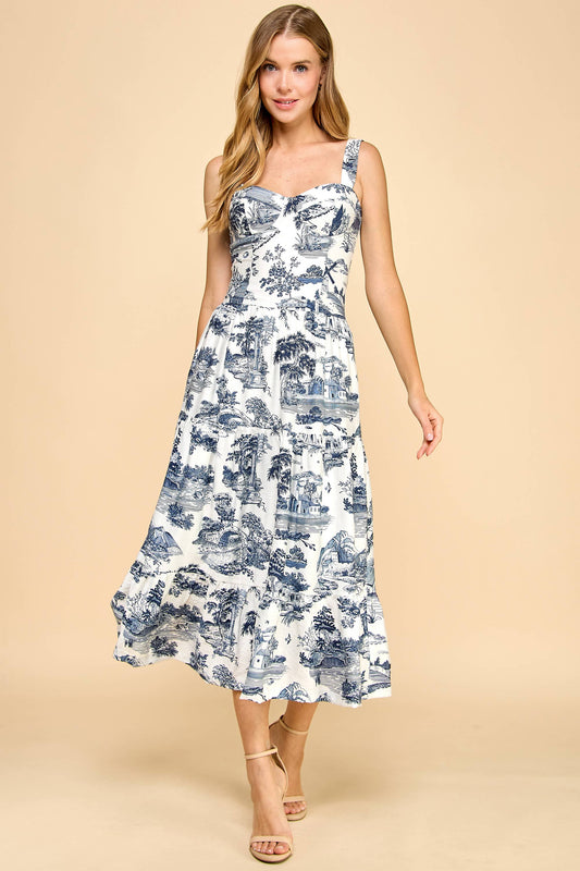 Toile Printed  Sweetheart Neckline Midi Dress