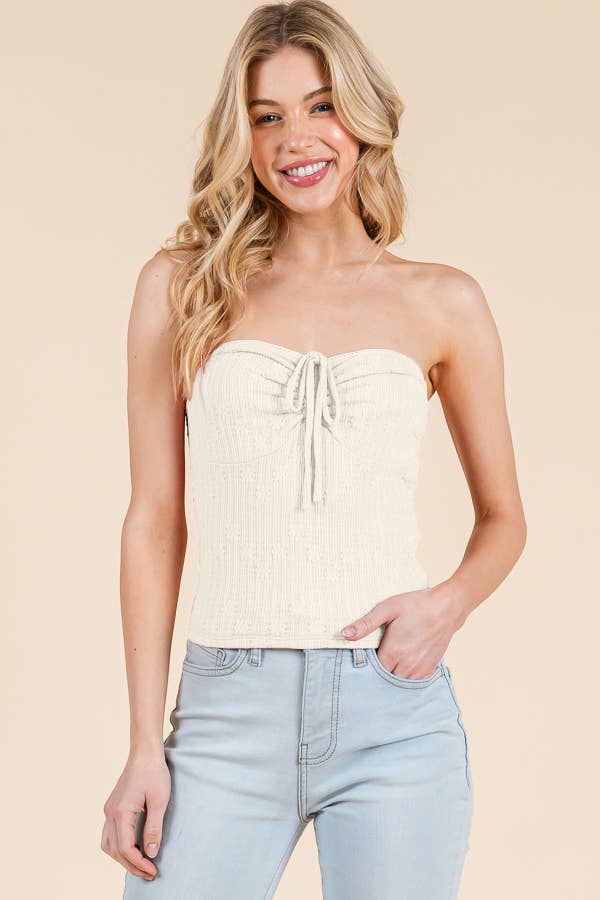 TEXTURED LACE TUBE TOP W/ FRONT TIE DETAIL ECRU