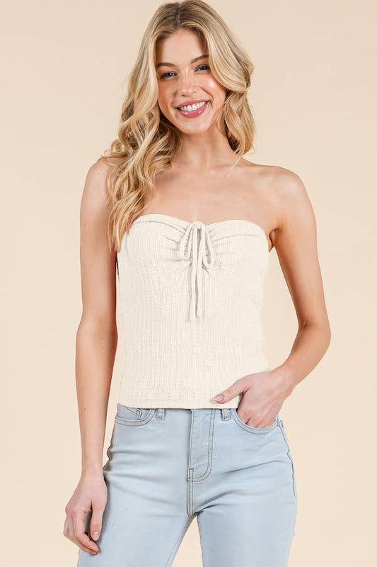 TEXTURED LACE TUBE TOP W/ FRONT TIE DETAIL ECRU