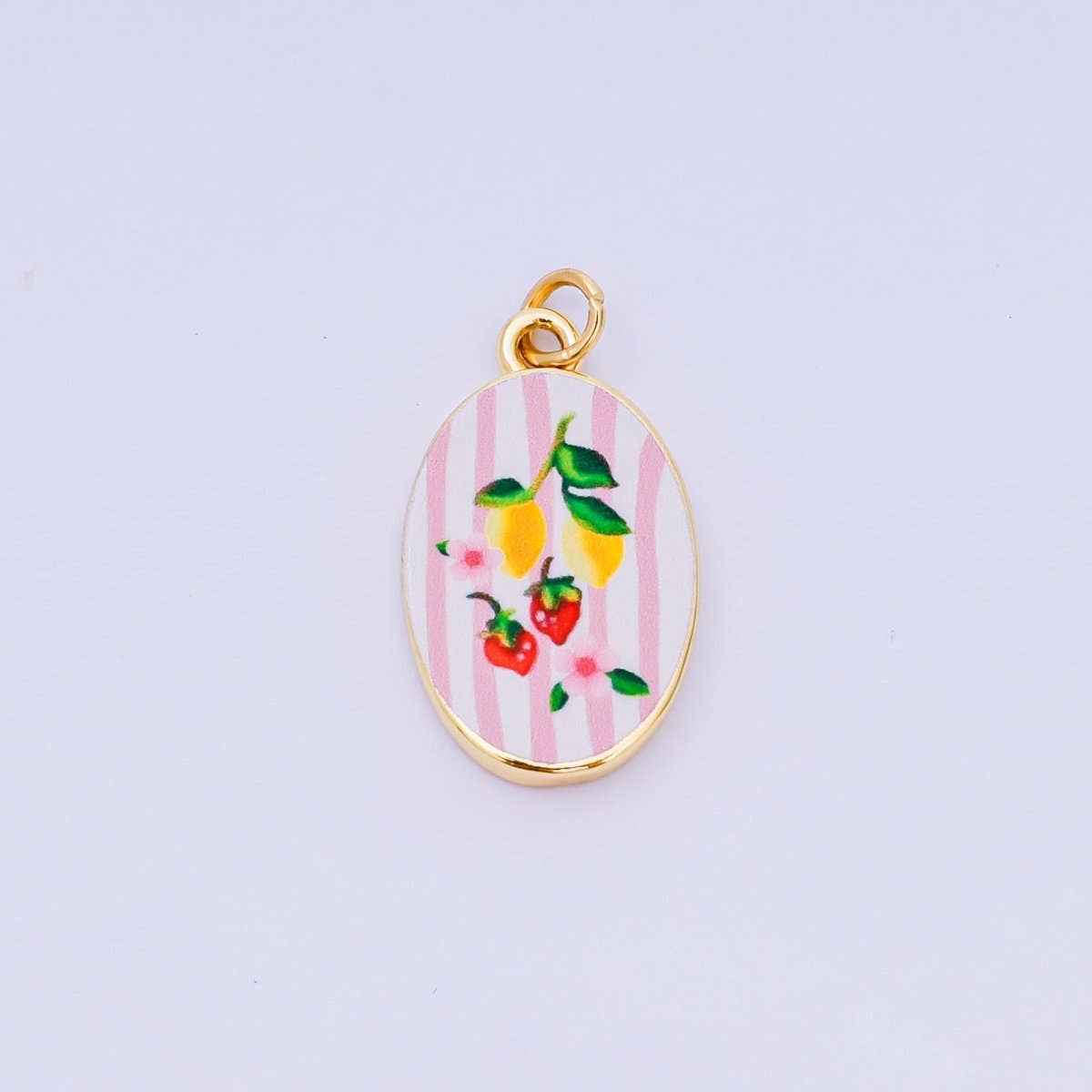 24K Gold Filled 23mm Enamel Art Oval Charm Lemon & Strawberry