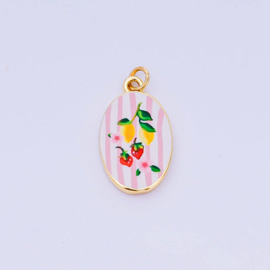 24K Gold Filled 23mm Enamel Art Oval Charm Lemon & Strawberry