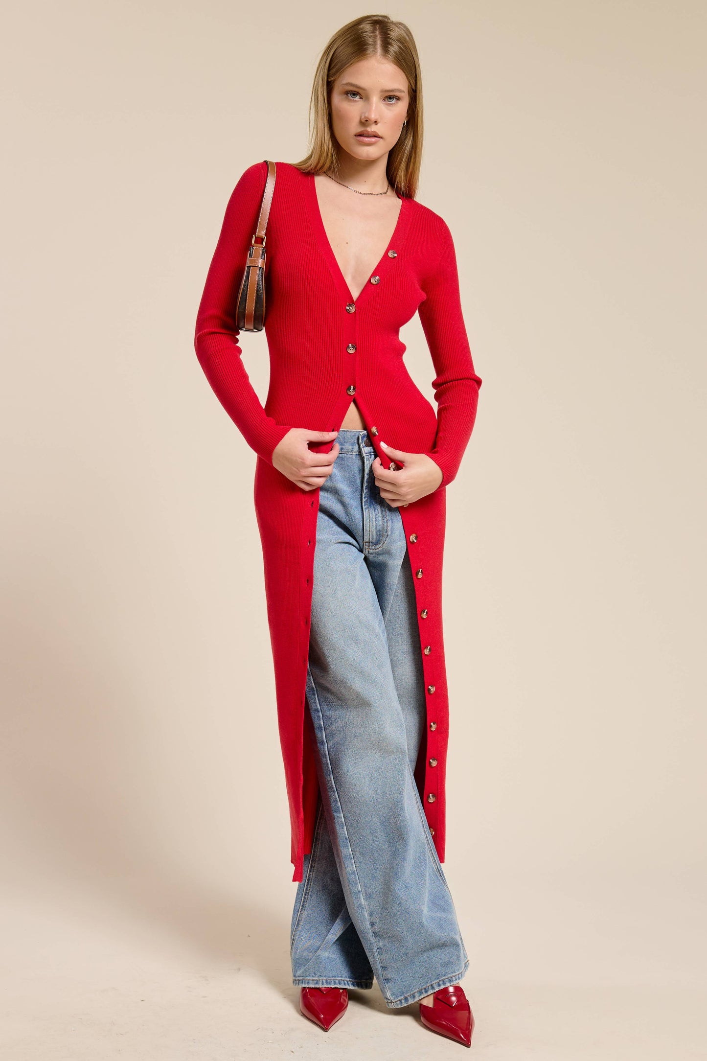 Ribbed Knit Button Down Cardigan/  Midi Dress Red