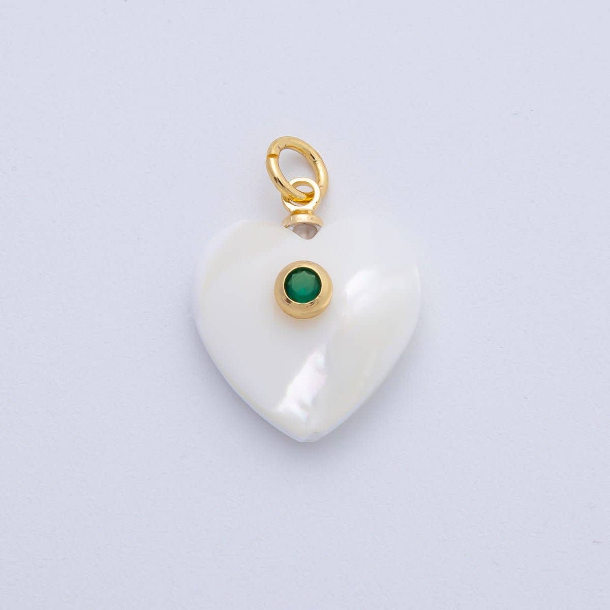 18K Gold Filled 27mm Green CZ Round Accent Heart-Shaped Shell Pearl Drop Charm