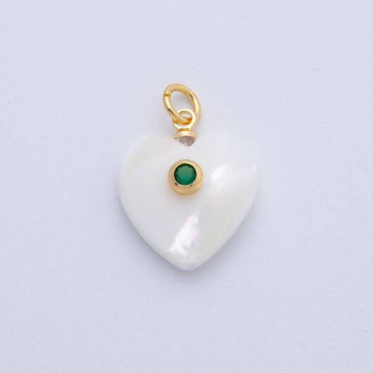 18K Gold Filled 27mm Green CZ Round Accent Heart-Shaped Shell Pearl Drop Charm