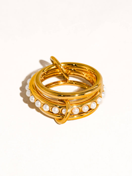 Danton 18K Gold Non-Tarnish Multi Stack Pearl Band Ring: Yellow Gold / 8