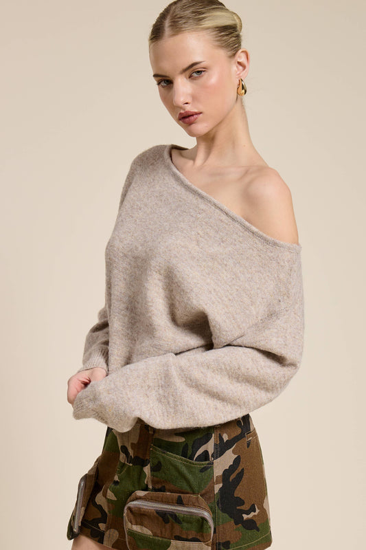Latte Off Shoulder Cozy Knit Sweater