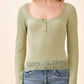 BUTTON FRONT HENLEY WITH LACE AT NECK & BOTTOM HEM COCOA