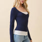 LAYERED SCOOP NECK LONG SLEEVE TOP NAVY/ WHITE