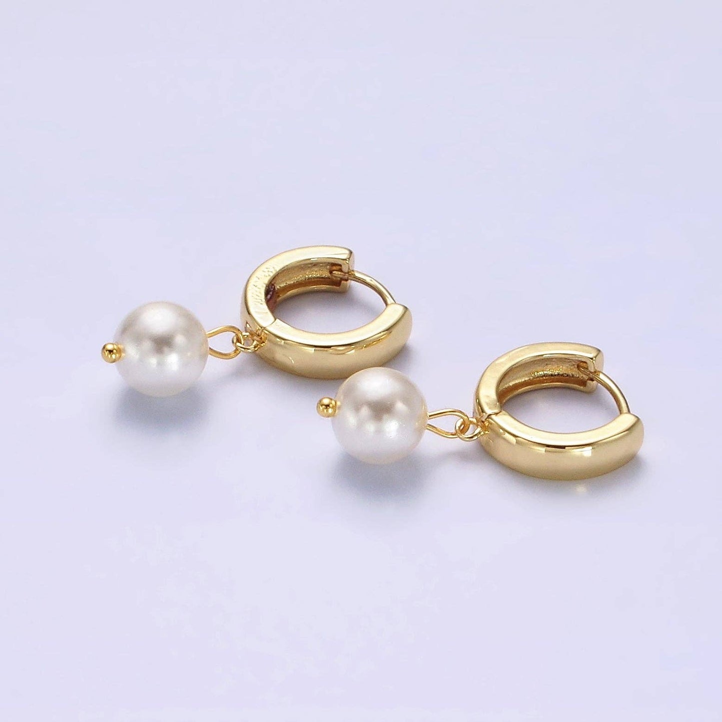 14K Gold Filled Shell Pearl Drop Lever Back Huggie Earrings