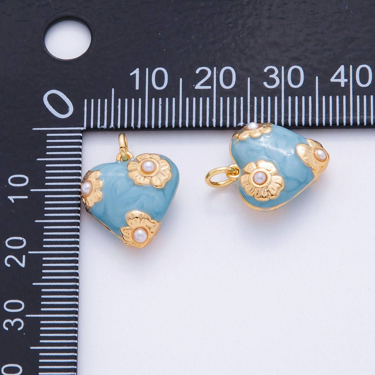 18K Gold Filled Blue Shell Pearl Flower Chubby Heart Multidimensional 3D Charm | N260
