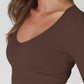 Ribbed 3/4 Sleeve V Neck Crop Top Coffee Bean