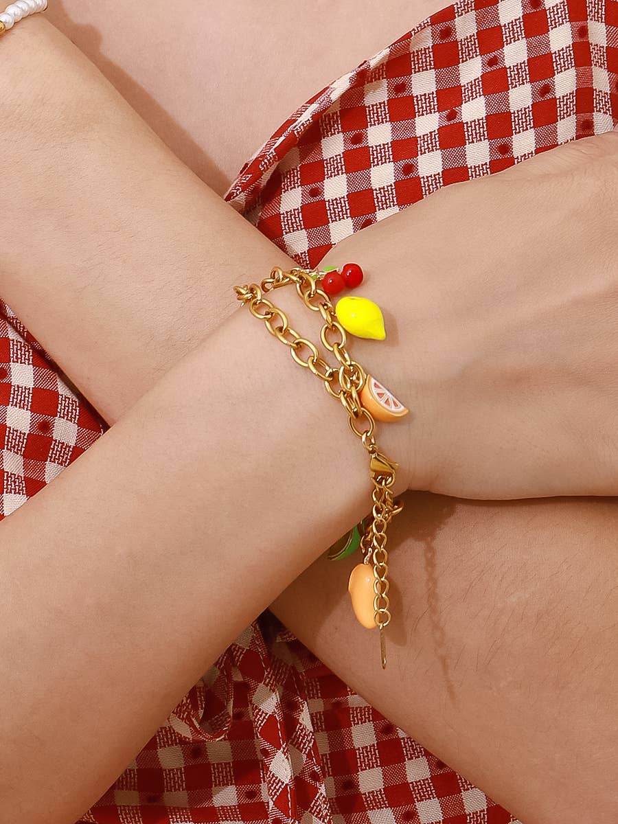 Fruity 18K Gold Non-Tarnish Fruit Charm Bracelet: Multi-Colored
