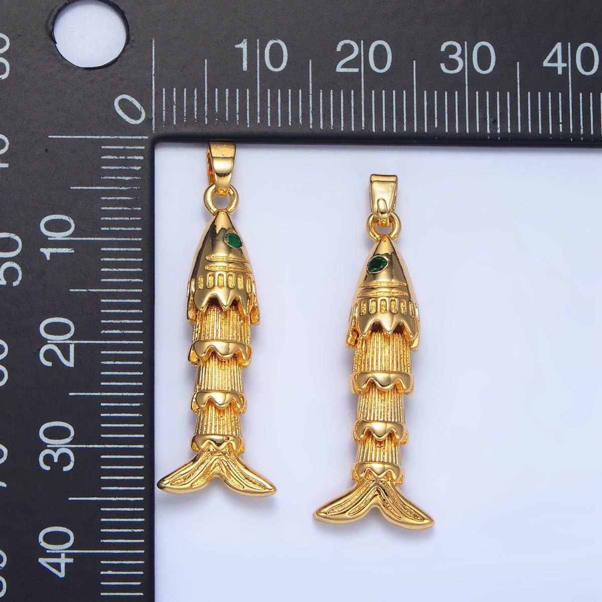 24K Gold Filled 35mm Green CZ Multidimensional Artisan Fish Charm