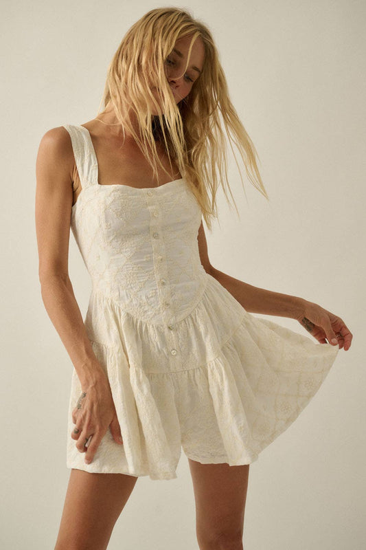 Floral-Embroidered Tiered-Ruffle Corset Romper