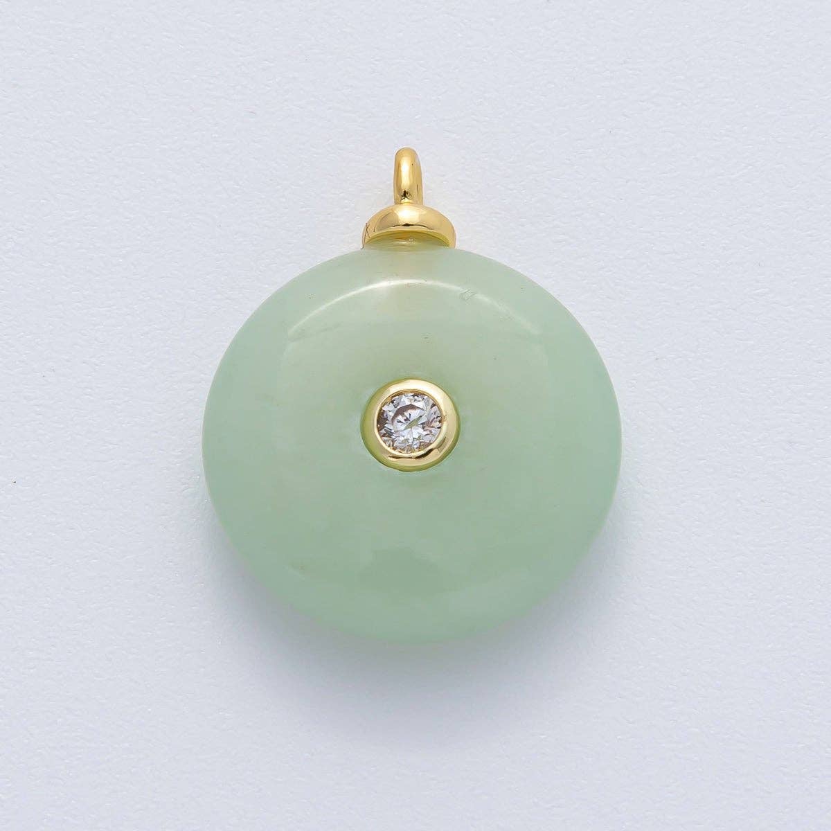 18K Gold Filled 23mm Green Jade with Clear CZ Round Natural Gemstone Pendant