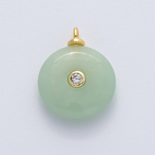 18K Gold Filled 23mm Green Jade with Clear CZ Round Natural Gemstone Pendant