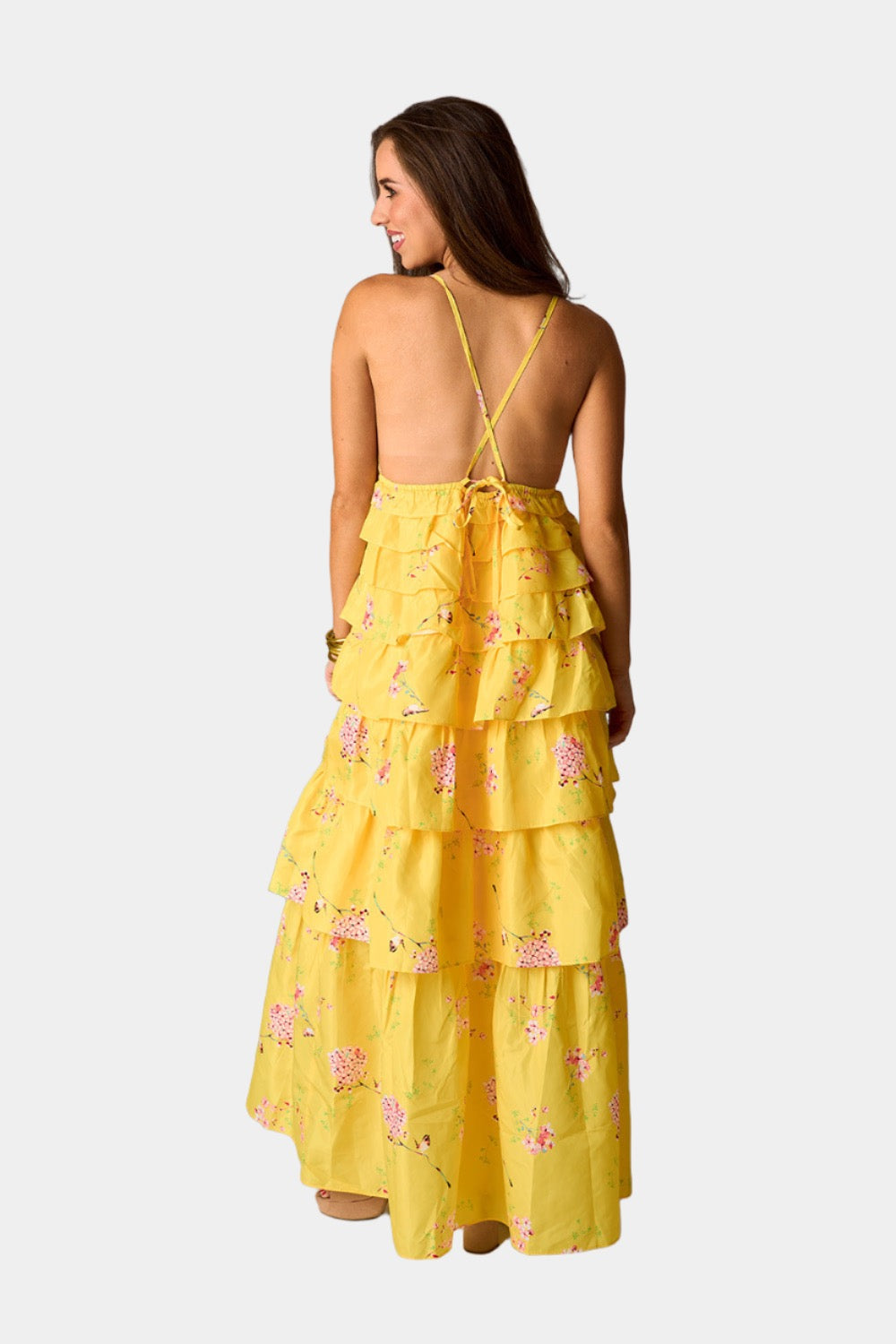 Yellow Floral Tiered Maxi Dress