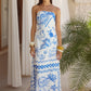 Blue and White Strapless Maxi Dress