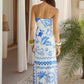 Blue and White Strapless Maxi Dress