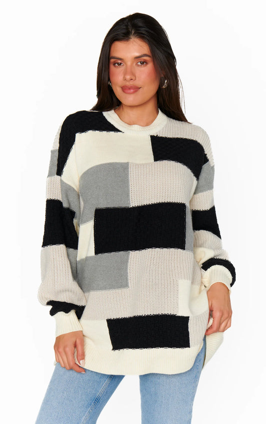 Ember Tunic Sweater - Grey Patchwork Knit