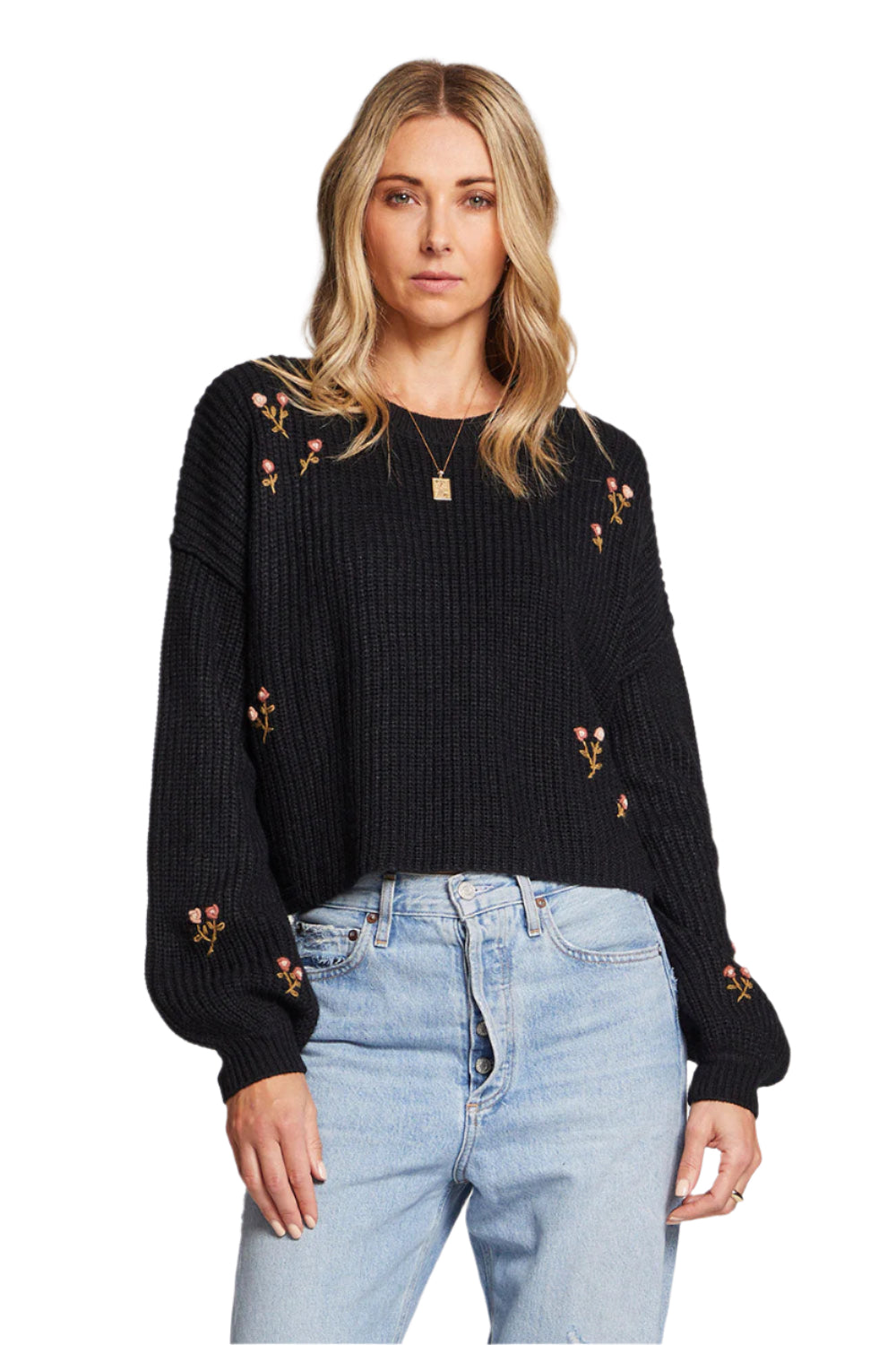 Floral Embroidered Black Sweater