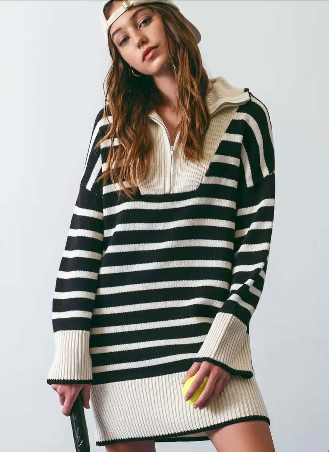 Stripped Collared Knit Sweater Dress