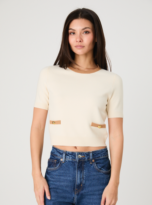 Cream Faux Pocket Knit Top