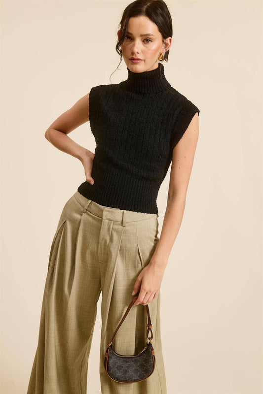 Sleeveless Ribbed Knit Turtleneck Sweater