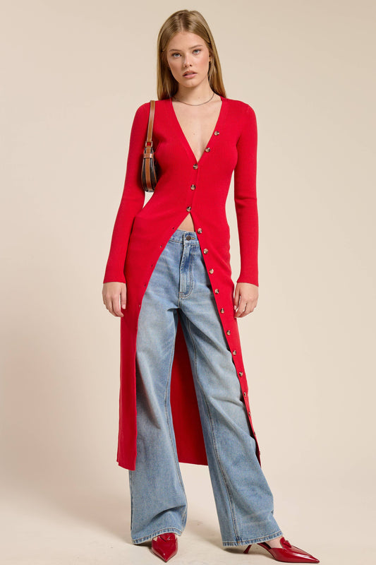 Ribbed Knit Button Down Cardigan/  Midi Dress Red
