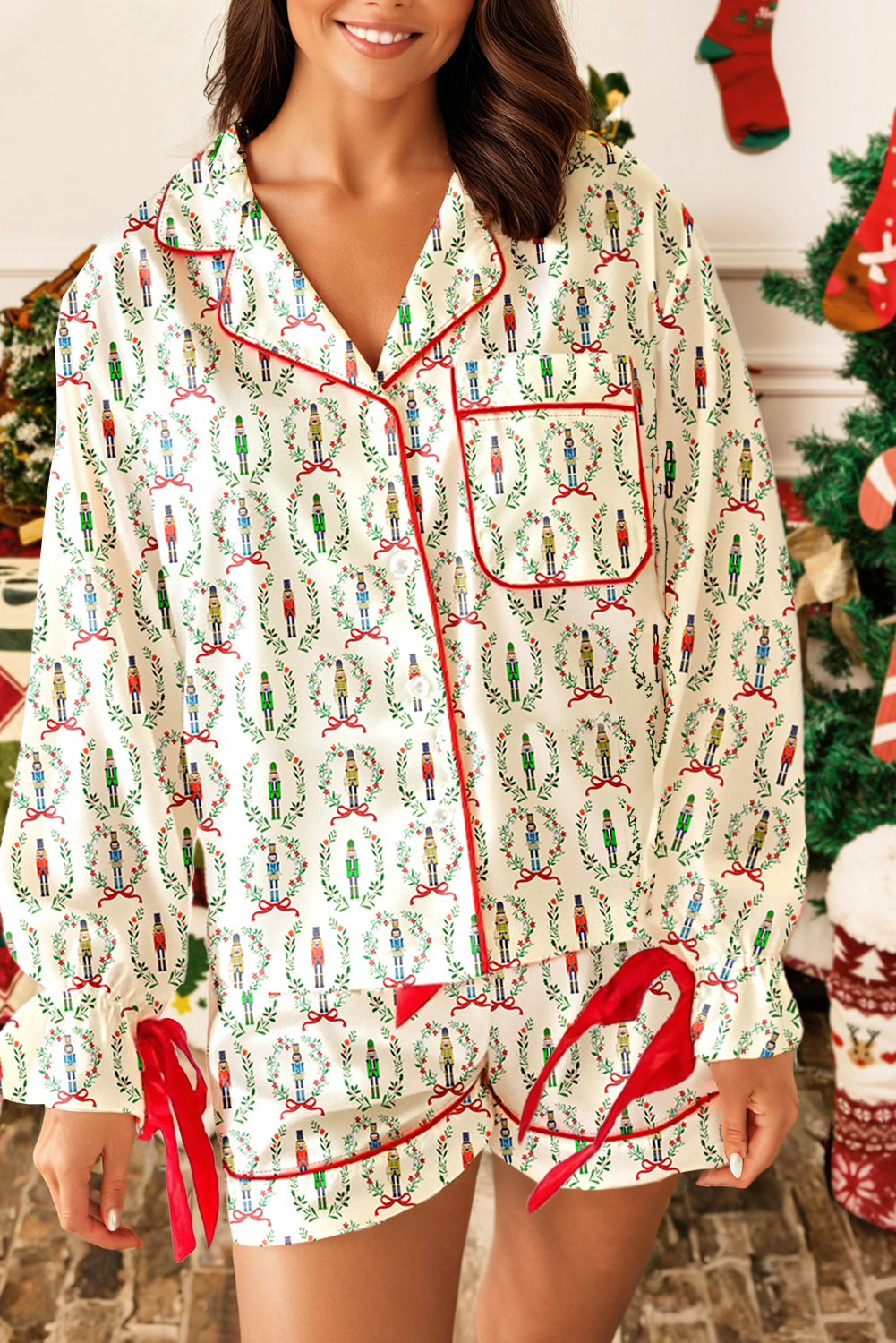 Christmas Contrast Trim Tied up Bow Silky 2pcs Pajama Set