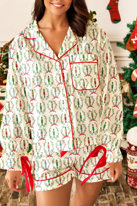 Christmas Contrast Trim Tied up Bow Silky 2pcs Pajama Set