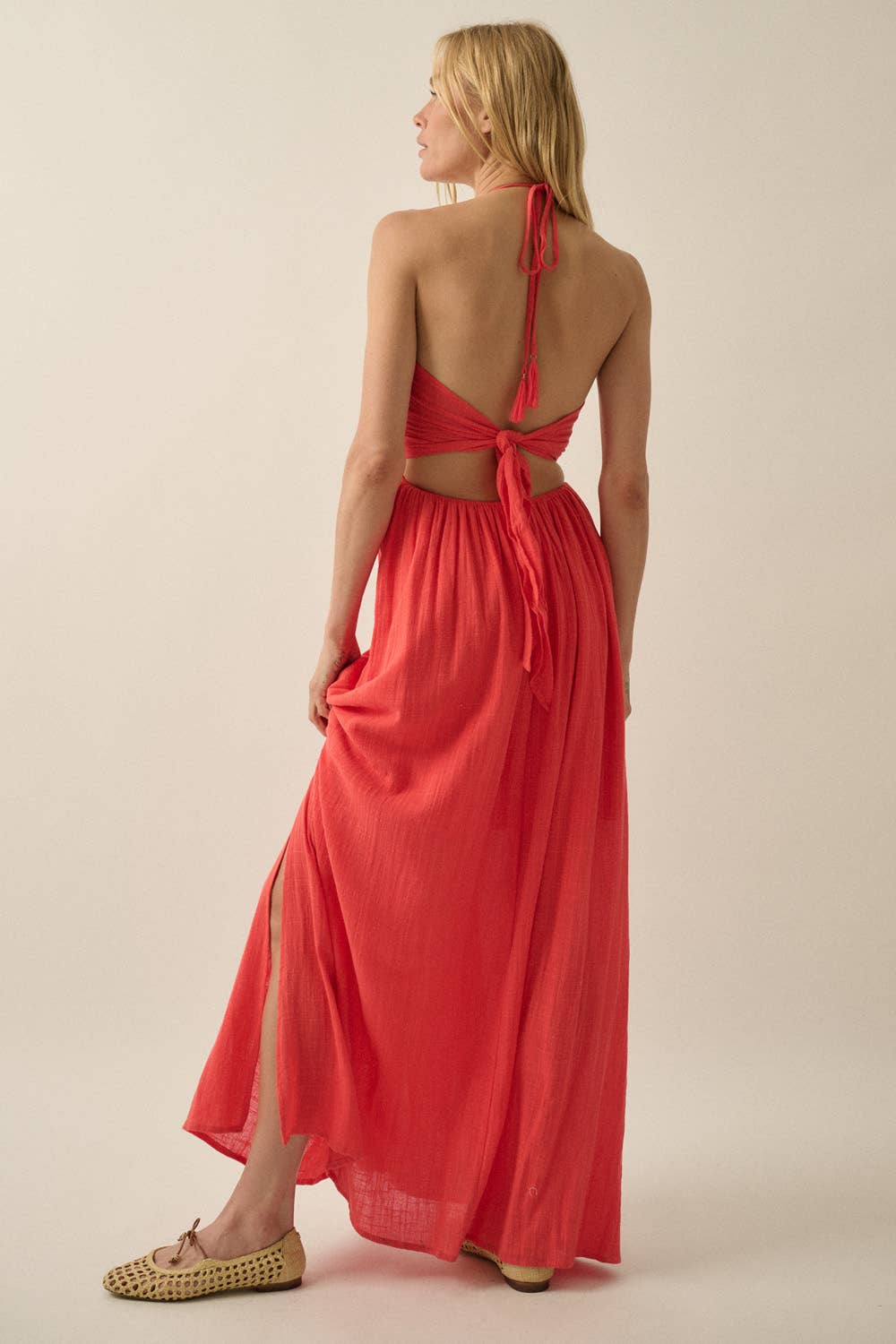 Cotton Gauze Tie-Back Halter Pocket Maxi Dress M Cotton Gauze Tie-Back Halter Pocket Maxi Dress M