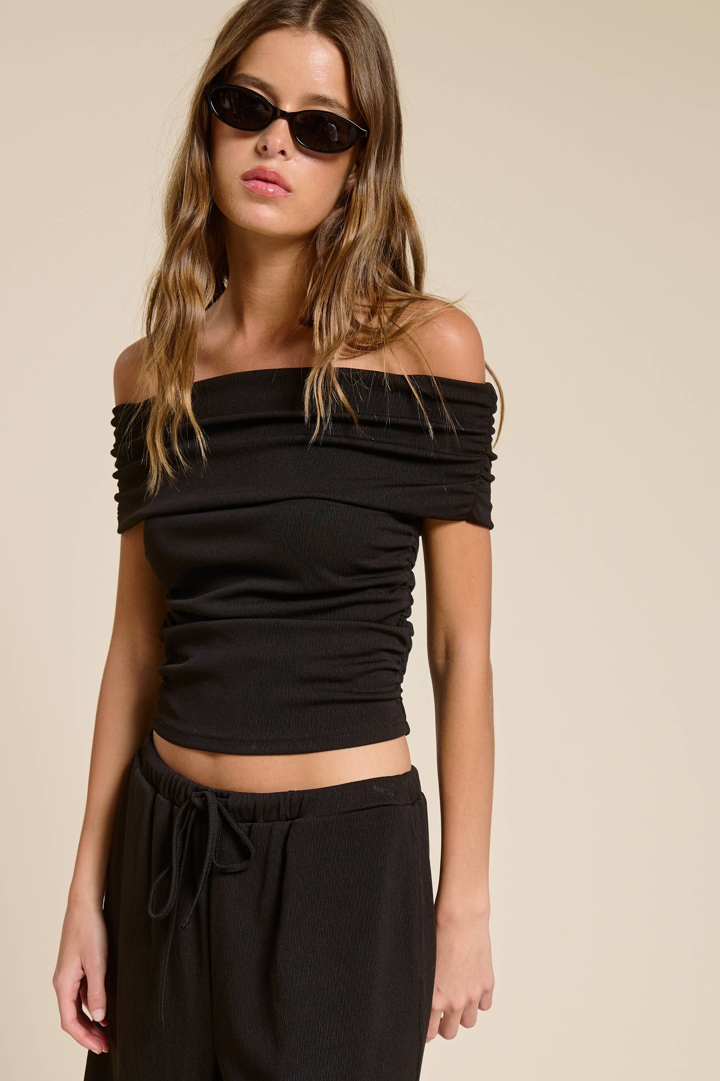 Off Shoulder Ruched Top Black