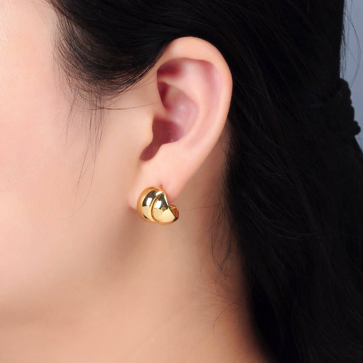 24K Gold Filled 15mm Double Wide Band C-Shaped Hoop Earrings