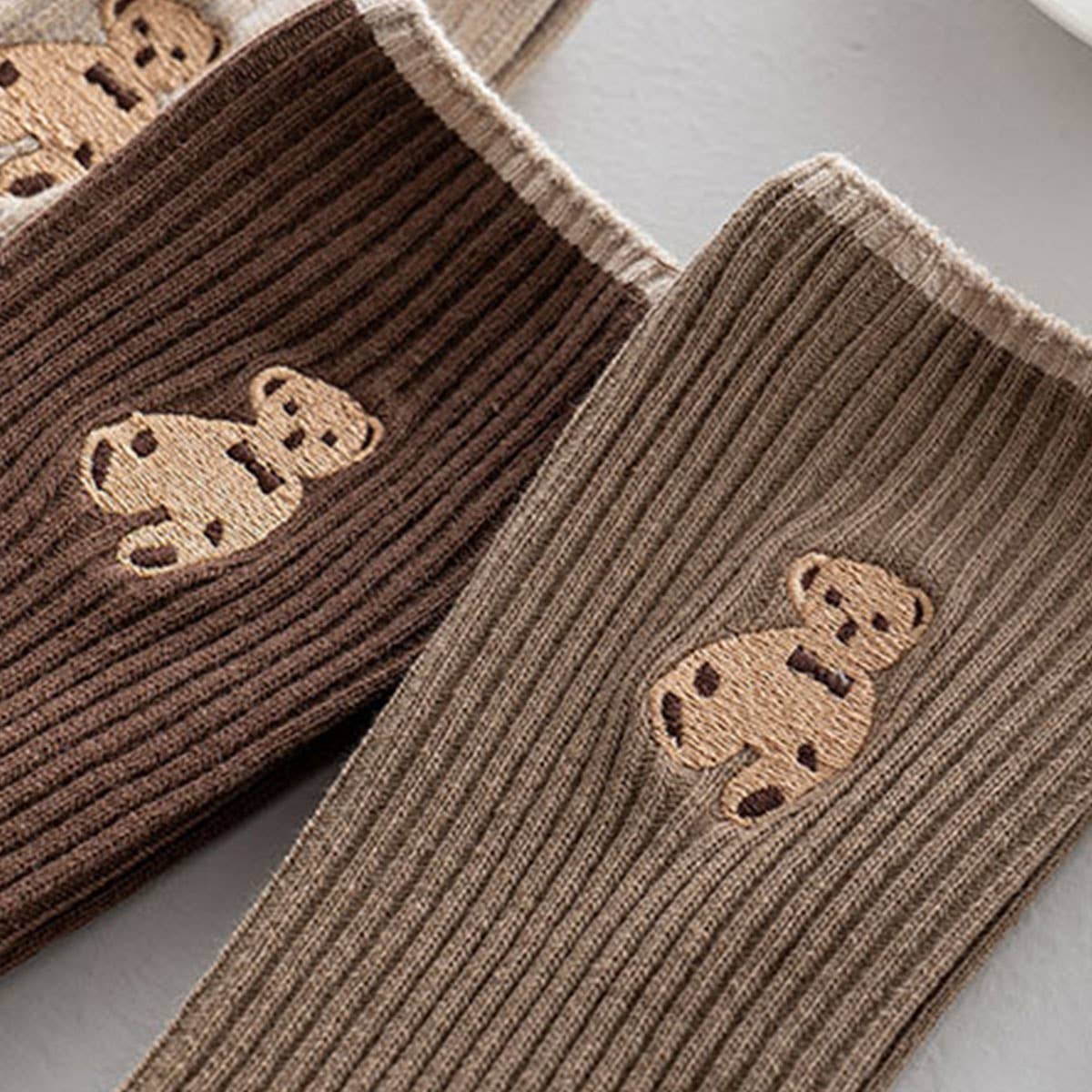 Brown Bear Embroidery Cotton Crew Sock