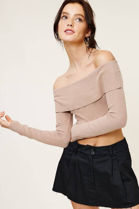 Soft Rib Knit Off-Shoulder Long Sleeve Cropped Top