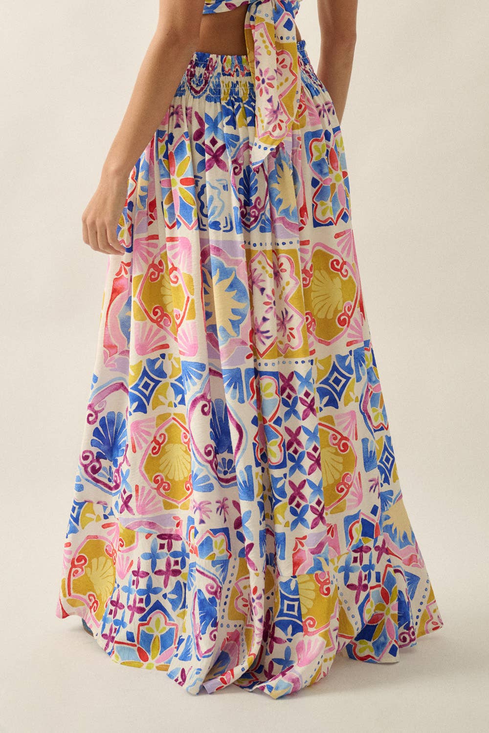 Tropical Floral-Print Smocked-Waist Half-Button Maxi Skirt